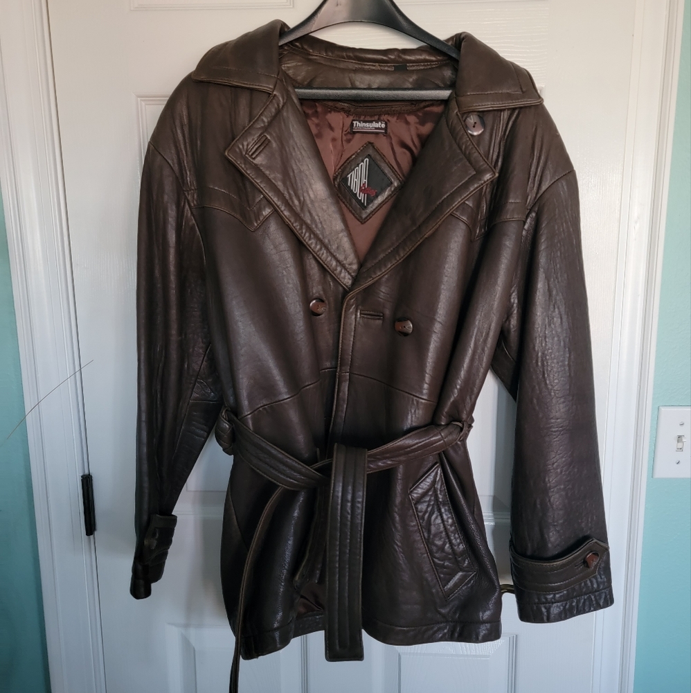 Vintage Tiboa Brown unisex Leather coat with removable lining